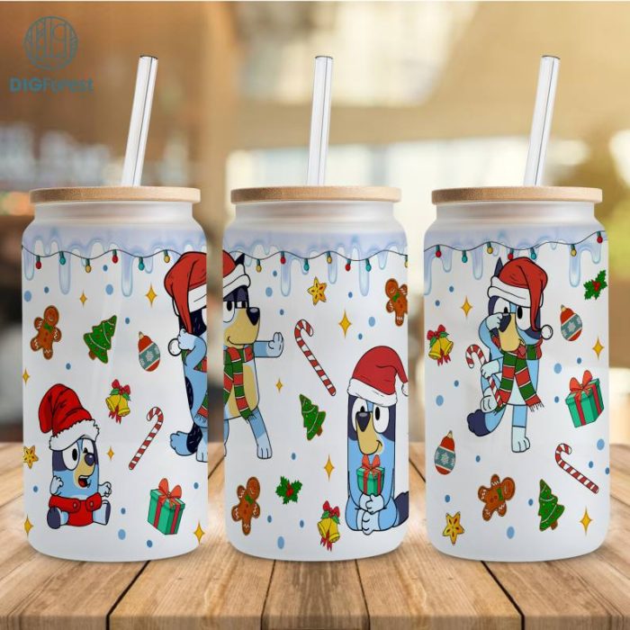 Blue Dog Xmas 16oz Libbey Glass Can Wrap Design, Blue Dog Family Christmas Png, Xmas Blue Dog Cut Files For Cricut, Instant download