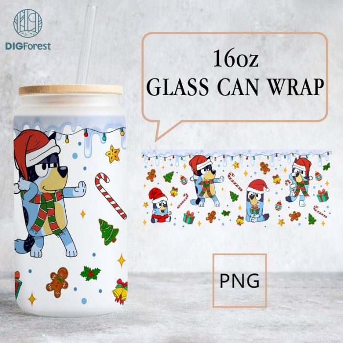 Blue Dog Xmas 16oz Libbey Glass Can Wrap Design, Blue Dog Family Christmas Png, Xmas Blue Dog Cut Files For Cricut, Instant download