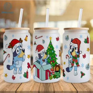 Blue Dog Xmas 16oz Libbey Glass Can Wrap Png, Cartoon 16oz Libbey Can Glass, Blue Xmas Wrap Png, Blue Dog Tumblr Wrap, Full Glass Can Wrap, Digital Download