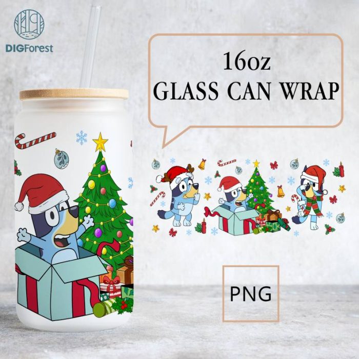 Blue Dog Xmas 16oz Libbey Glass Can Wrap Png, Cartoon 16oz Libbey Can Glass, Blue Xmas Wrap Png, Blue Dog Tumblr Wrap, Full Glass Can Wrap, Digital Download