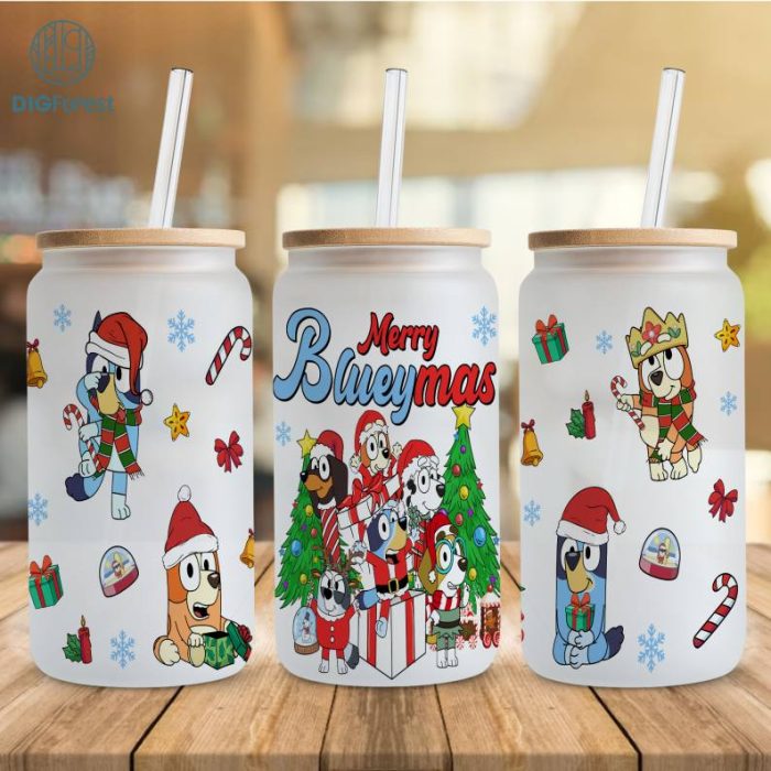 Blue Dog Xmas Wrap Png, Cartoon 16oz Libbey Glass Can, Blue Xmas Wrap Png, Blue Dog Tumblr Wrap, Full Glass Can Wrap, Instnat Download