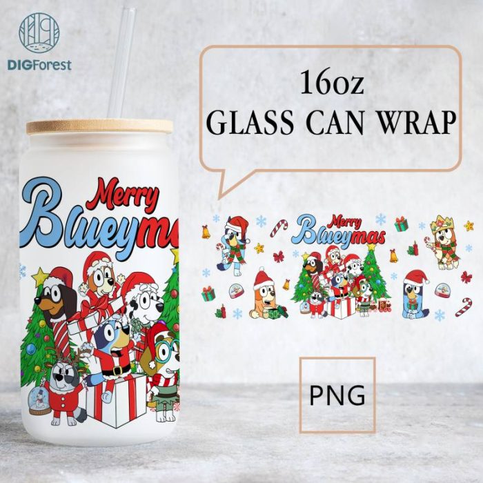 Blue Dog Xmas Wrap Png, Cartoon 16oz Libbey Glass Can, Blue Xmas Wrap Png, Blue Dog Tumblr Wrap, Full Glass Can Wrap, Instnat Download