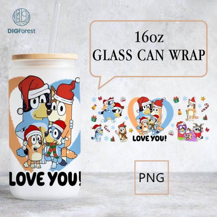 Bluey Dog Family Christmas 16oz Glass Can Wrap Design, Xmas Blue Dog Cut Files For Cricut, Blue Dog Family Christmas, Blue Dog Xmas Glass, Digital File, Instant Download