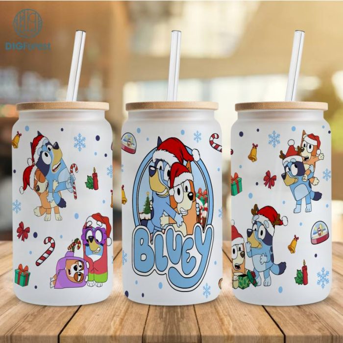 Blue Dog Xmas Wrap Png, Cartoon 16oz Libbey Can Glass, Blue Xmas Wrap Png, Blue Dog Tumblr Wrap, Full Glass Can Wrap, Digital Download