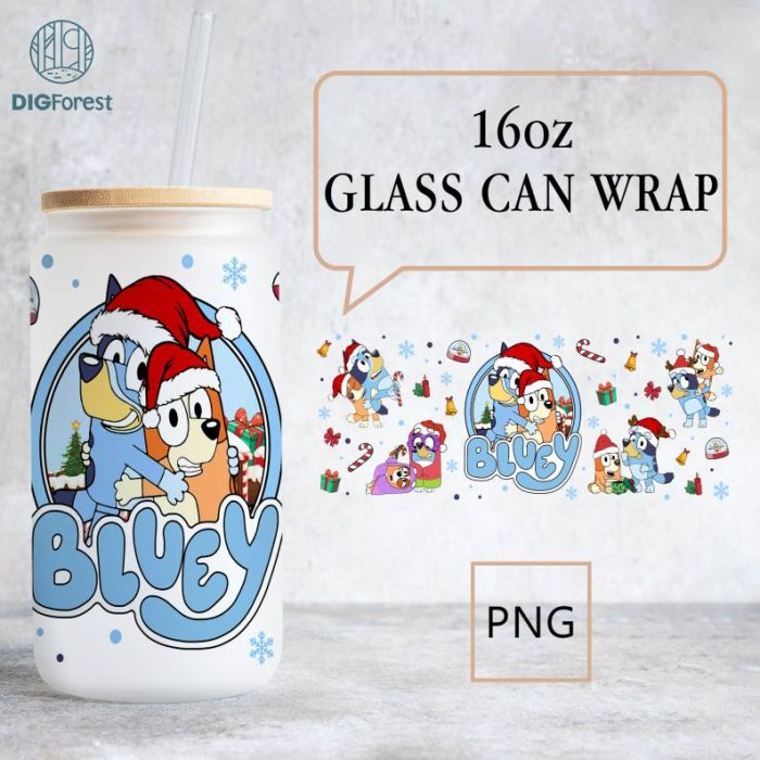 Blue Dog Xmas Wrap Png, Cartoon 16oz Libbey Can Glass, Blue Xmas Wrap Png, Blue Dog Tumblr Wrap, Full Glass Can Wrap, Digital Download