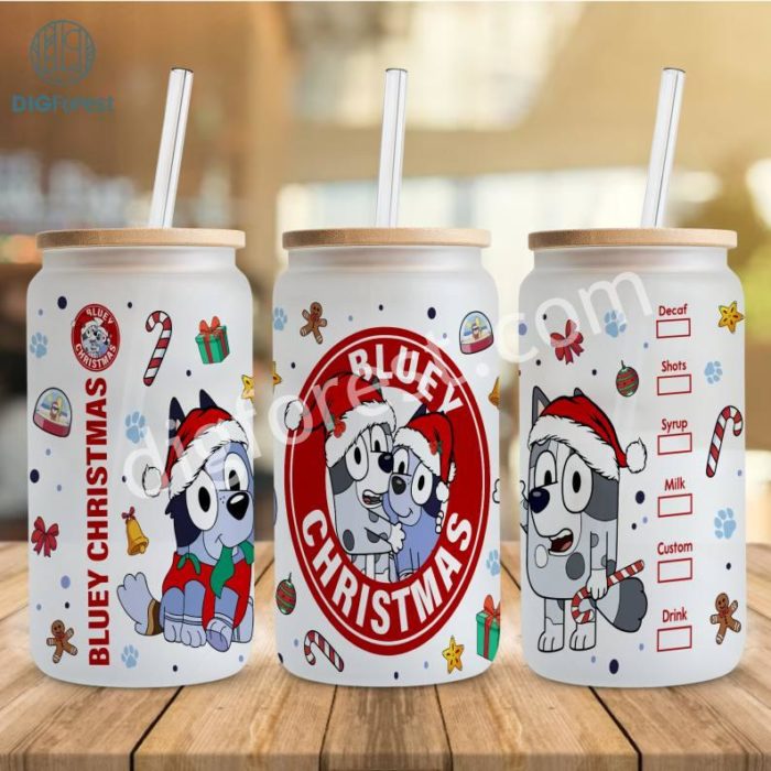 Blue Dog Christmas Coffee 16oz Libbey Glass Can, Bubble Puffy Wrap Design, Download Sublimation, Inflated 20oz Skinny Download