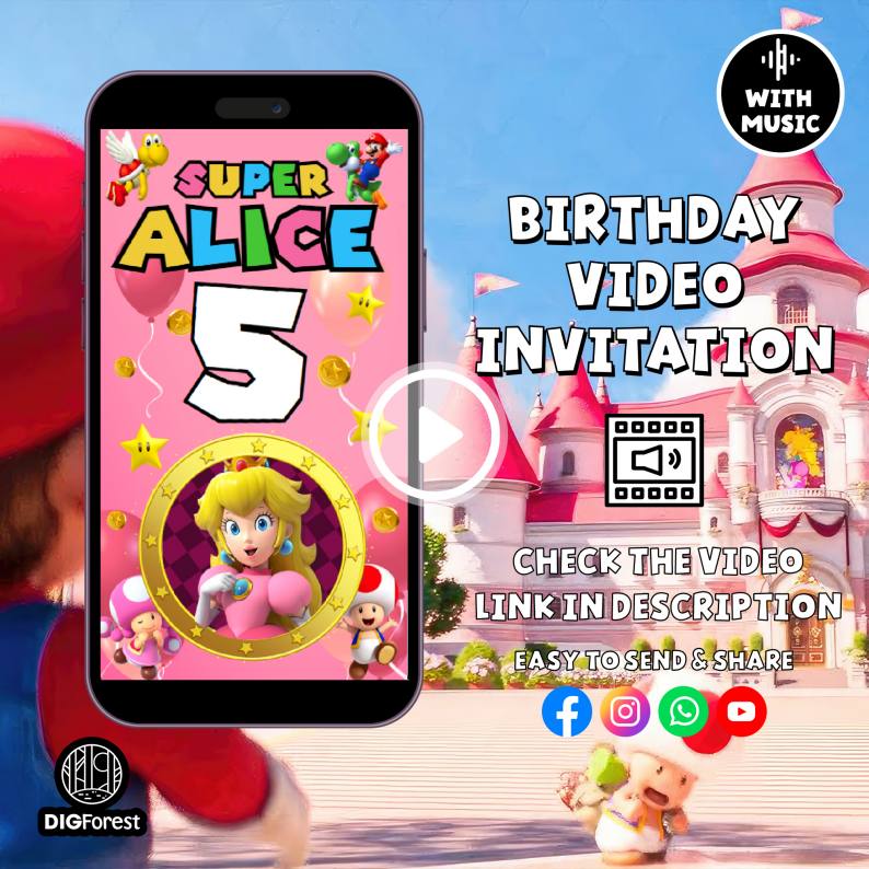Princess Peach Birthday Video Invite | Super Mario Princess Birthday Invitation Video | Super Princess Video Invitation | Super Mario Bros Digforest.com