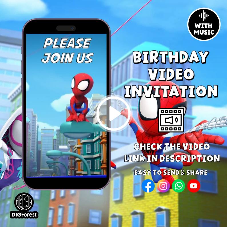 Spiderman Invitation | Spidey Party Theme Birthday Video Invitation | Spider Man Mobile Invite | Spiderman Party Editable Template Digforest.com