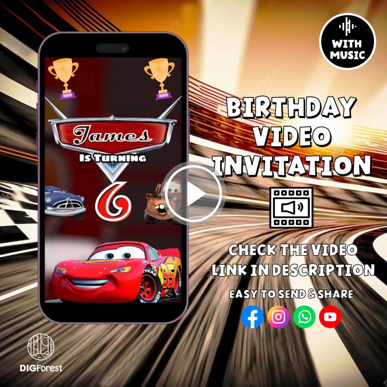Cars Birthday Invitation | Animated Video Invitation | Cars Birthday Party | Red Car Invitation | Lightning Mcqueen Invitation Digforest.com