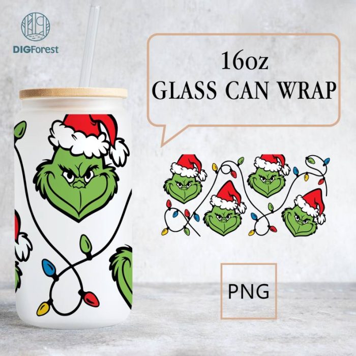 Christmas Character 16oz Glass Can Wrap, Christmas Lights 16 oz Glass Can Png, Christmas 16 oz Libbey Glass Can Wrap, 16 oz Tumbler Wrap Png