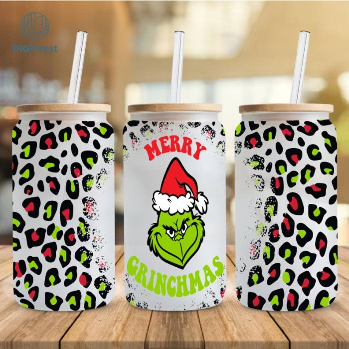 Merry Grinchmas 16oz Libbey Glass Can Wrap Design Sublimation PNG | Grinch Coffee Tumbler Wrap PNG , The Grinch Christmas 2023