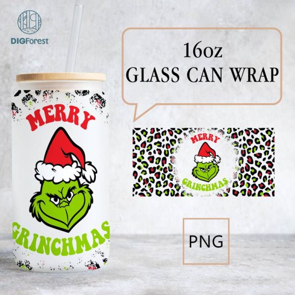 Merry Grinchmas 16oz Libbey Glass Can Wrap Design Sublimation PNG | Grinch Coffee Tumbler Wrap PNG , The Grinch Christmas 2023
