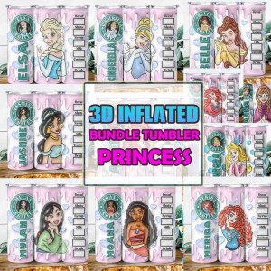 3D Inflated Disney Princess Tumbler Wrap Bundle, 20 OZ Sublimation Wrap Designs, Princess Sublimation, Tumbler Wrap PNG, Cartoon Tumbler Wrap