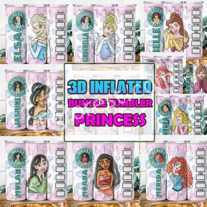 3D Inflated Disney Princess Tumbler Wrap Bundle, 20 OZ Sublimation Wrap Designs, Princess Sublimation, Tumbler Wrap PNG, Cartoon Tumbler Wrap