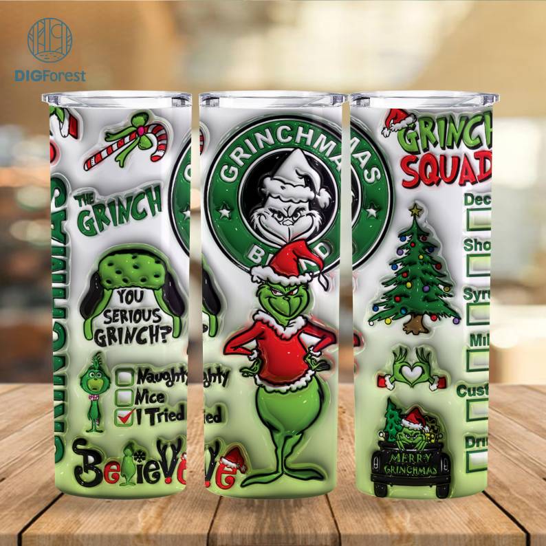 3D Inflated Grinch Christmas 20oz Skinny Tumbler Png, Grinchmas 20oz Tumbler Wrap, Santa Claus Png, Merry Xmas, Funny Christmas Movies Png Digforest.com