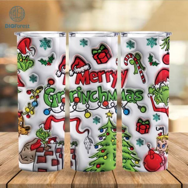 3D Inflated Grinch Christmas Tumbler Png, Grinch Pink Christmas Puffy Tumbler, Santa Hat, Mean Green Guy Christmas 20oz Skinny Tumbler Wrap