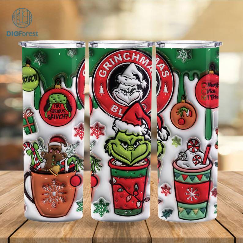 3D Inflated Grinch Christmas 20 Oz Skinny Tumbler Png, Grinch Christmas 20oz Tumbler Wrap, Santa Claus Png, Christmas Movies Png, Merry Xmas Digforest.com