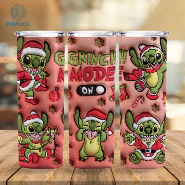 3D Inflated Grinch Mode Stitch 20oz Skinny Tumbler Png, Disney Stitch Png, Merry Xmas Png, Christmas 20oz Tumbler Wrap Stitch Christmas Movies Png