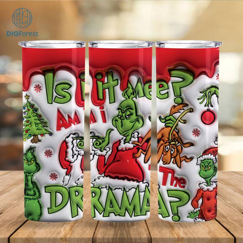 3D Inflated Grinch Christmas Tumbler Png, Grinch Christmas Puffy Tumbler, Santa Hat, Mean Green Guy Christmas 20oz Skinny Tumbler Wrap Digforest.com