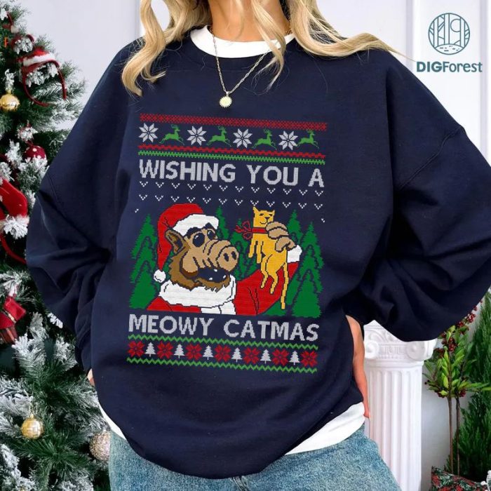 A.L.F Movie Christmas Shirt, Alf Christmas Png, Wishing You A Meowy Catmas Ugly Christmas Sweater Shirt, Christmas Xmas Gifts