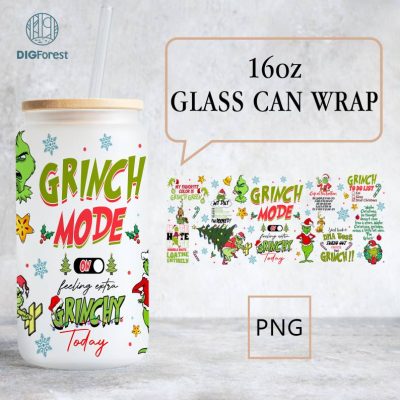 The Grinch Christmas 2023 | Merry Grinchmas 16oz Libbey Glass Can Wrap Design Digital PNG | Grinch Coffee Tumbler Wrap PNG