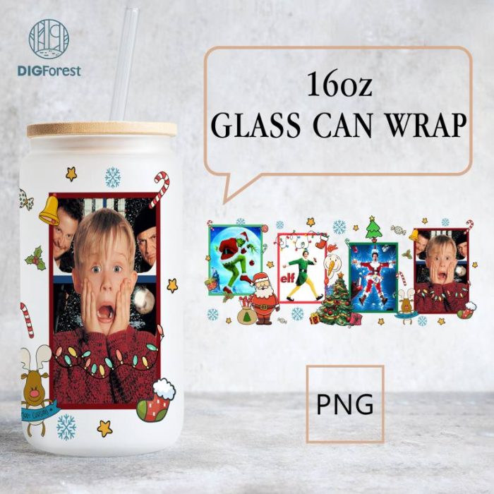 Home Alone Christmas 16 Oz Libbey Glass Can Wrap, Kevin Mccallister Holiday Gift Glass Can Digital Png, Funny Christmas Movie Quotes