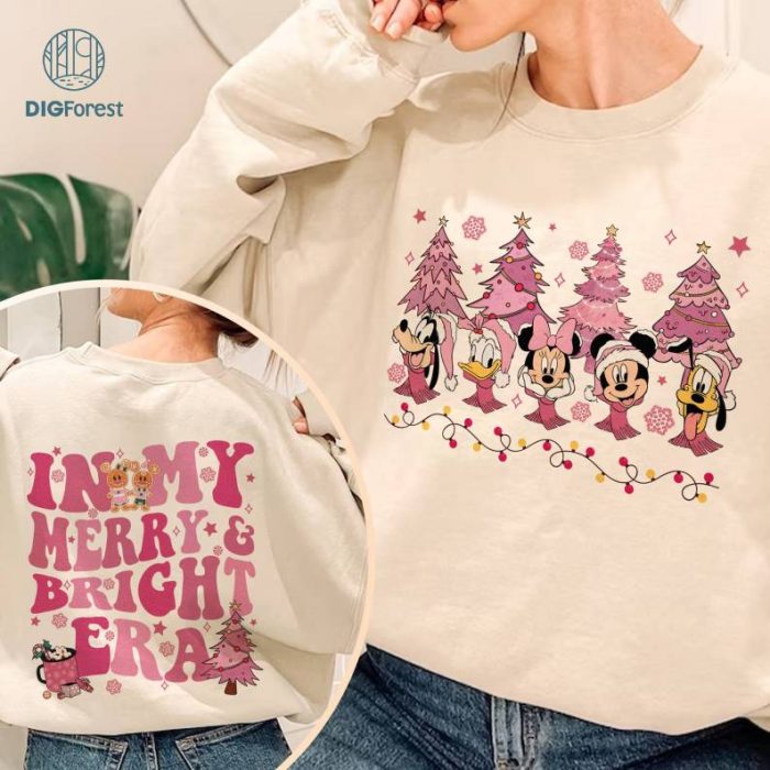 Disney Mickey And Friends Pink Christmas Png, Disneyland In My Merry and Bright Era Png, Mickey Minnie Christmas Shirt, Mickey's Very Merry Christmas