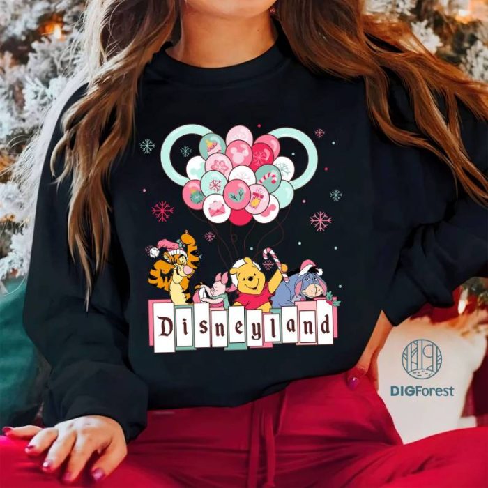 Vintage Pink Disney Pooh And Friends Disneyland Christmas Png | Pooh Bear Christmas Balloons Shirt | Mickey's Very Merry Christmas Party 2023 | Digital Download