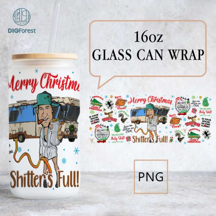 National Lampoons Christmas 16 oz Libbey Glass Can Wrap, Clark Griswold Christmas 16 oz Glass Can Digital Png, Christmas Coffee Cup Png