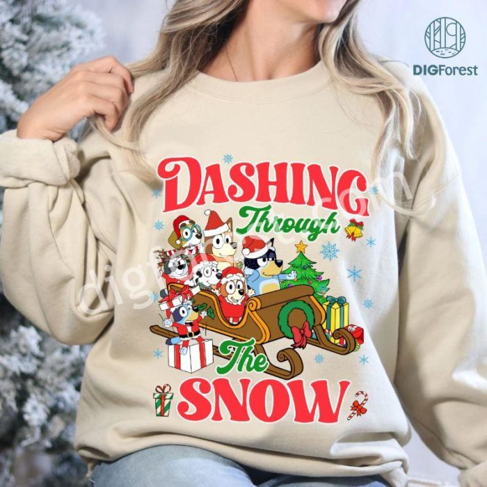 Bluey Christmas Sweatshirt | Dashing Through The Snow PNG | Bluey Kids Christmas Shirt | Toddler Christmas Tee | Bluey Family Holiday Shirt