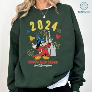 Disney Sorcerer Mickey Fantasia Happy New Year 2024 PNG, WDW Disneyland Family Vacation Shirt, Disneyworld Family Trip 2024 Shirt, Christmas Gift