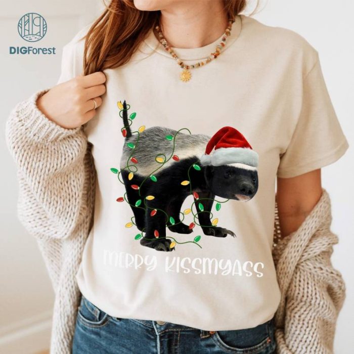 Funny Honey Badger Christmas Png | Honey Badger Christmas Merry Kiss My Ass Shirt Honey Badger Cute Sweatshirt | Wild Animals Sweater | Digital Download