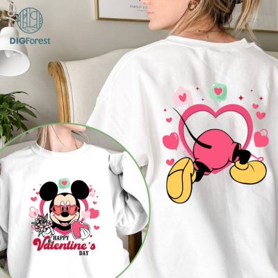 Disney Two-sided Mickey Disney Funny Valentine's Day Shirt, Flower Heart Valentine Gifts 2024, WDW Disneyland Valentine Couple Matching Love Tee