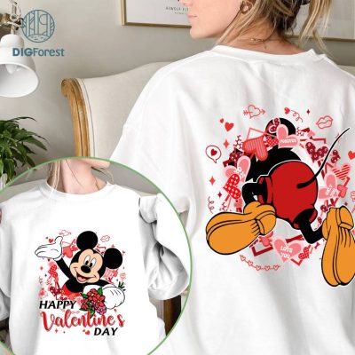 Disney Two-sided Mickey Disney Happy Valentine's Day Shirt, Flower Heart Valentine Gifts 2024, WDW Disneyland Valentine Couple Matching Love Tee