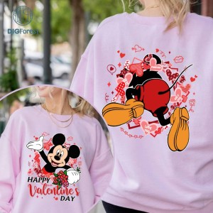 Disney Two-sided Mickey Disney Happy Valentine's Day Shirt, Flower Heart Valentine Gifts 2024, WDW Disneyland Valentine Couple Matching Love Tee