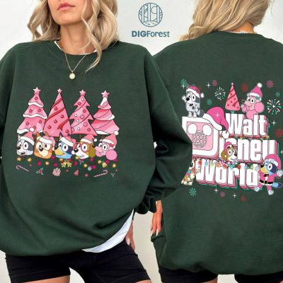 Pink Bluey Christmas Tree PNG, Pink Christmas Bluey Shirt, Christmas Bluey Family Shirt, Christmas Sweatshirt, Magic Kingdom Friends Shirt