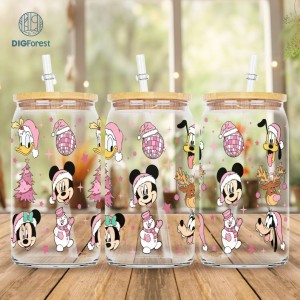 Disney Mickey and Friends Pink Christmas 16oz Glass Can Wrap, Christmas Libbey Can Wrap Png, Pink Christmas Tree Can Wrap, Xmas Glass Can Wrap