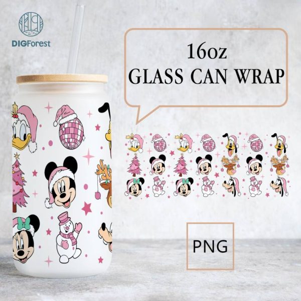 Disney Mickey and Friends Pink Christmas 16oz Glass Can Wrap, Christmas Libbey Can Wrap Png, Pink Christmas Tree Can Wrap, Xmas Glass Can Wrap