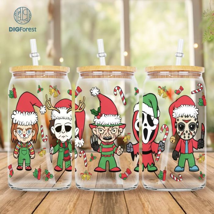 Christmas Horror Movie 16oz Glass Can Wrap, Neon Scary Movie Killer 16oz Libbey Glass Wrap Design Png, Disneyland Glass Can Wrap