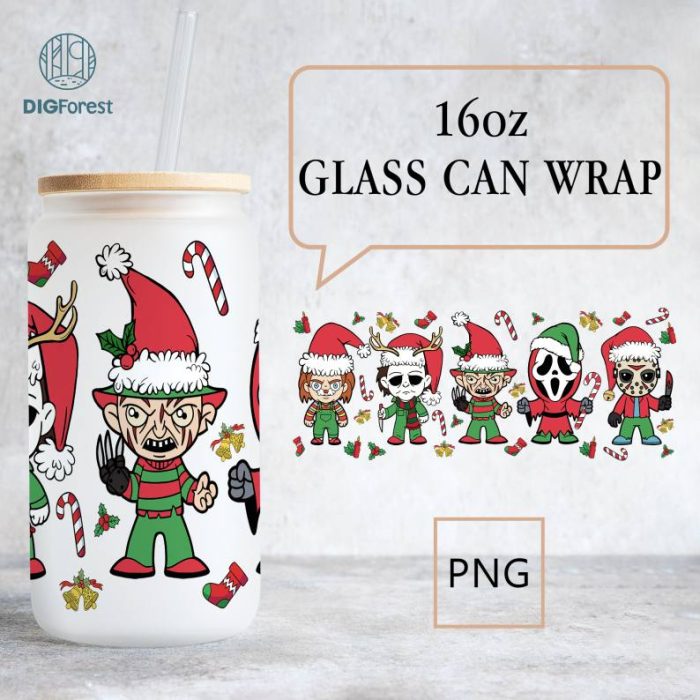 Christmas Horror Movie 16oz Glass Can Wrap, Neon Scary Movie Killer 16oz Libbey Glass Wrap Design Png, Disneyland Glass Can Wrap