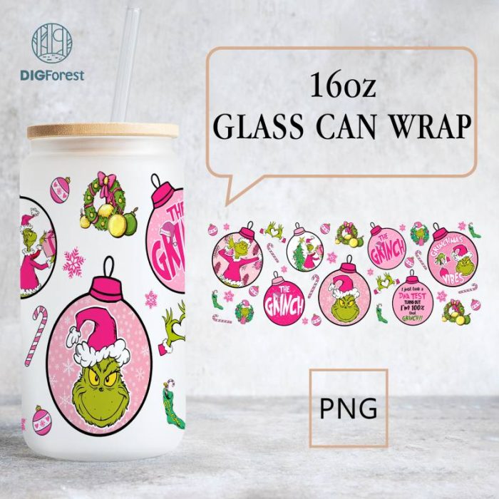 Merry Grinchmas 16oz Libbey Glass Can Wrap Design Digital PNG | The Grinch Christmas 2023 | Grinch Coffee Tumbler Wrap PNG