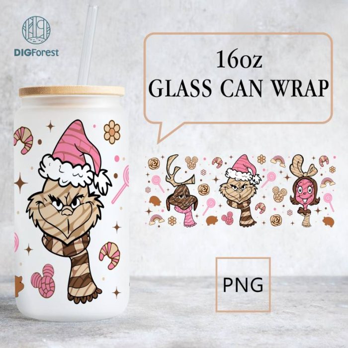 Conchita Ghost Png, Cafecito Y chisme 16oz Pan Dulce Merry Grinchmas 16oz Libbey Glass Can Wrap Design Digital PNG The Grinch Christmas 2023