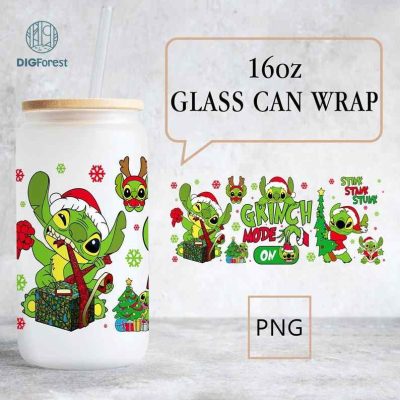 Grinch Mode On 16oz Glass Can Wrap, Retro Merry Christmas Glass Can PNG, Stitch Christmas png, Christmas Libbey Glass Can Wrap, Grinch png