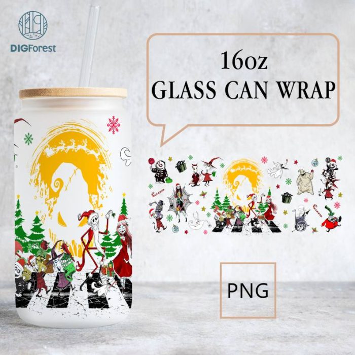 The Nightmare Before Christmas Glass Can PNG, Jack Horror Vibes 16oz Libbey Glass Can Wrap Design Png Disneyland Christmas Glass Wrap Design