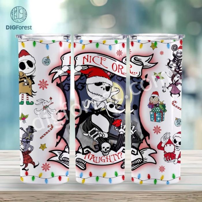 Horror Jack Christmas 20oz Tumbler Wrap Png, Xmas Nightmare Movie 20oz Skinny Tumbler Wrap, Jack Sally Merry Christmas 20oz Skinny Tumbler