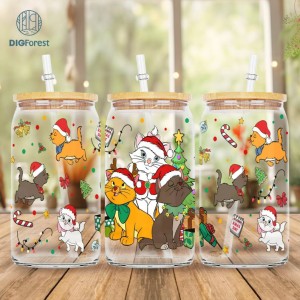 Disneyland Christmas Cat Lover Seamless 16oz Libbey Glass Can Wrap Png Digital File Download, Disney Marie Cat Christmas Tumbler Wrap Png