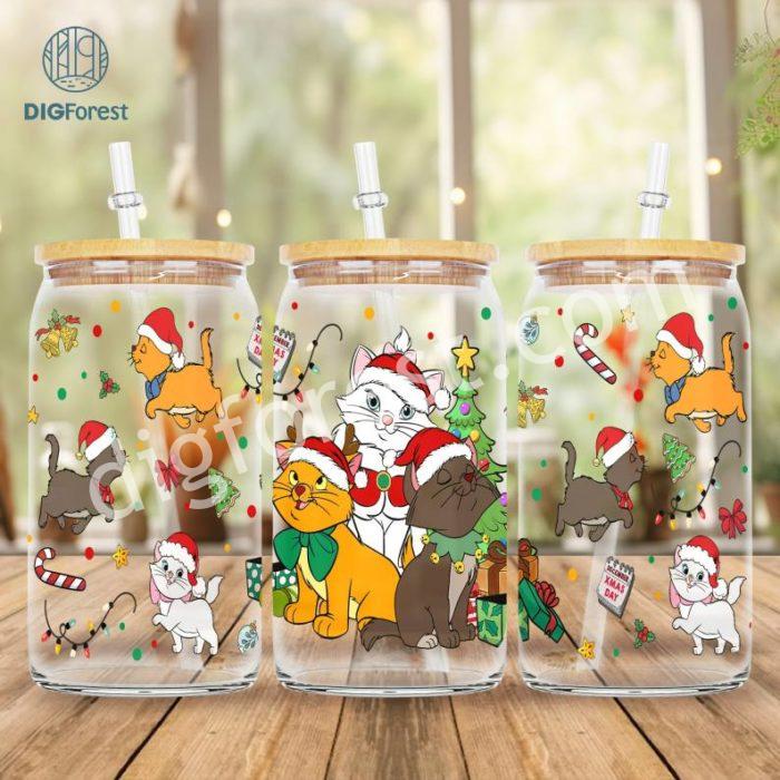 Disneyland Christmas Cat Lover Seamless 16oz Libbey Glass Can Wrap Png Digital File Download, Disney Marie Cat Christmas Tumbler Wrap Png