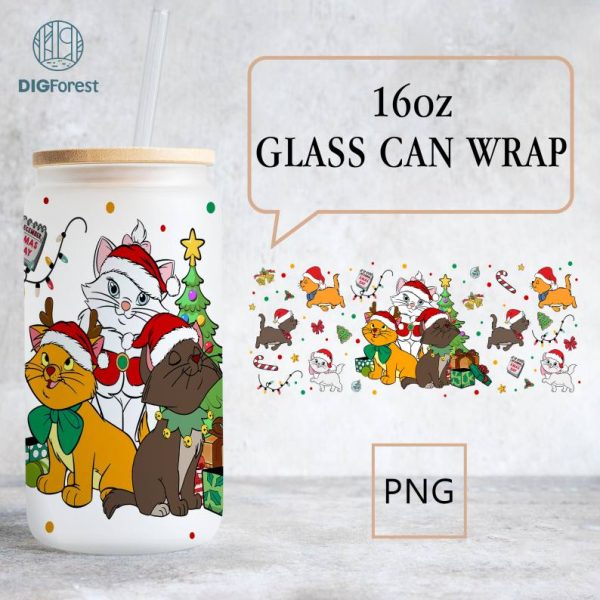 Disneyland Christmas Cat Lover Seamless 16oz Libbey Glass Can Wrap Png Digital File Download, Disney Marie Cat Christmas Tumbler Wrap Png
