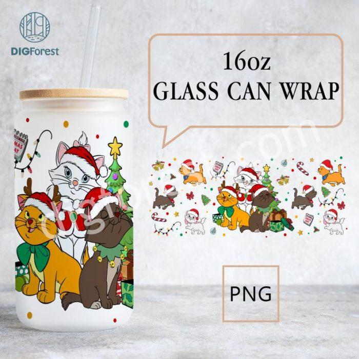 Disneyland Christmas Cat Lover Seamless 16oz Libbey Glass Can Wrap Png Digital File Download, Disney Marie Cat Christmas Tumbler Wrap Png