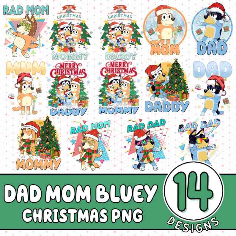 10+ Bluey Christmas Dad Mom Shirt Design Png Bundle, Blue Dog Family Png, Pink Christmas Cartoon Png Bundle, Bluey Christmas Magical PNG Digforest.com